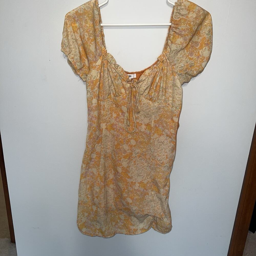 BP Ditsy Womens Small Sweetheart Neck Puff Floral Orange Cross Mini Dress W Tie